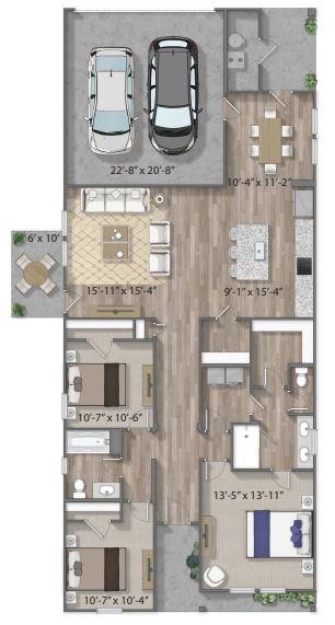Floor plan for 3 beds, 2 baths, 1502 sqft
